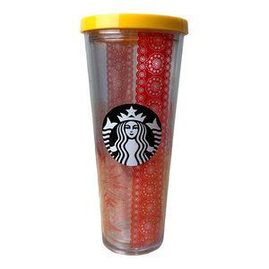 Starbucks 24 Oz Venti Cold Travel Cup Tumbler Floral Red NO STRAW Yellow Lid